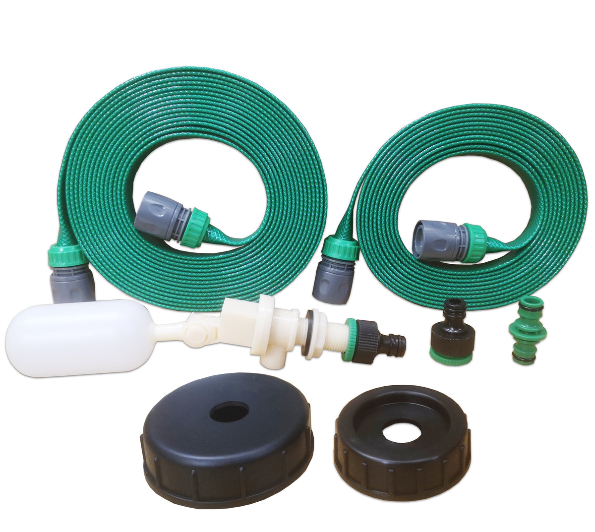 A water garden hose drip timer kit with two coiled green hoses, a white plastic float, black caps, and various connector fittings on a plain white background.