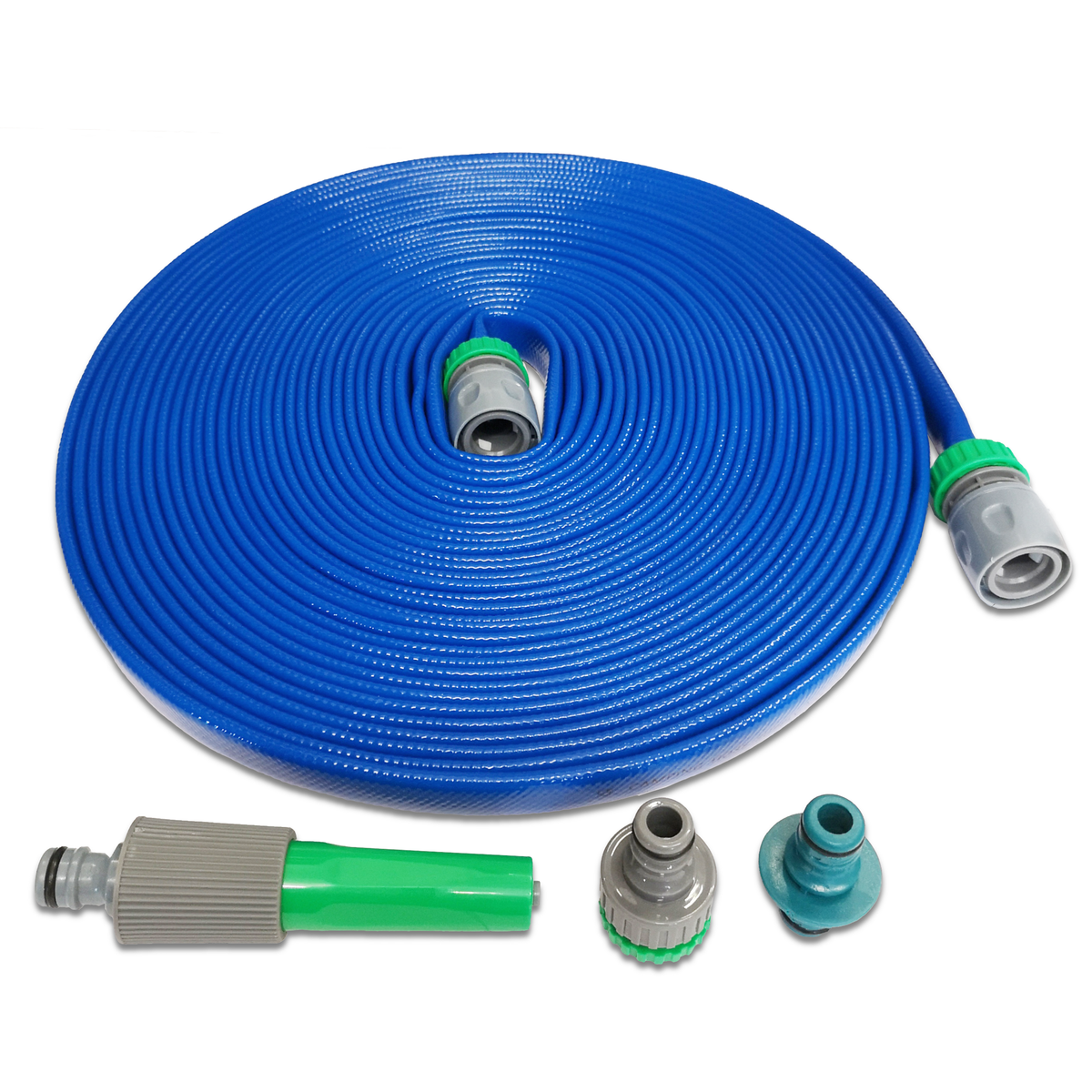 A coiled blue garden hose with metal and green connectors, shown on a white background with three smaller attachment nozzles below it.