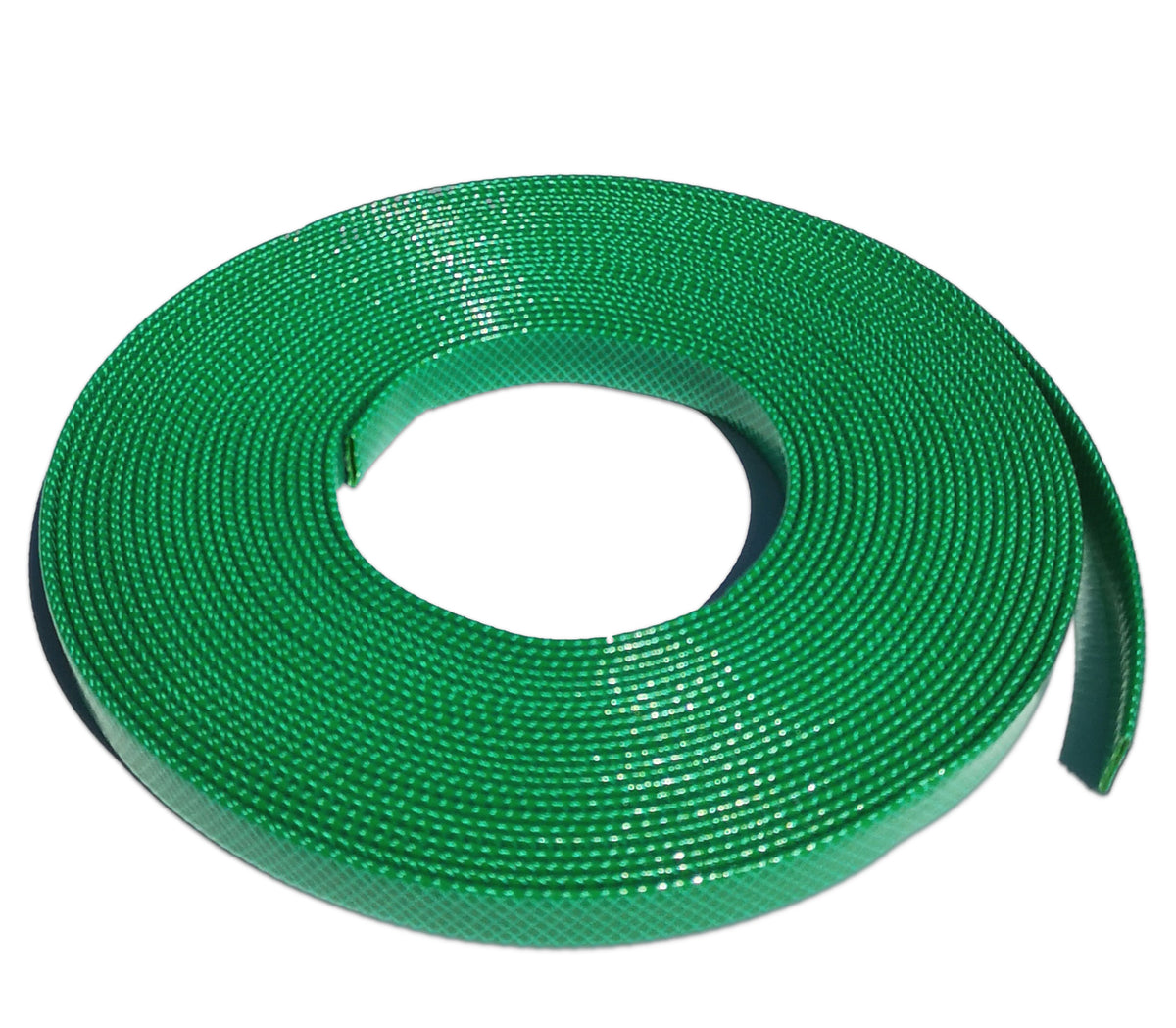 A coiled green plastic strap or band with a textured, ribbed surface, shown on a plain white background.