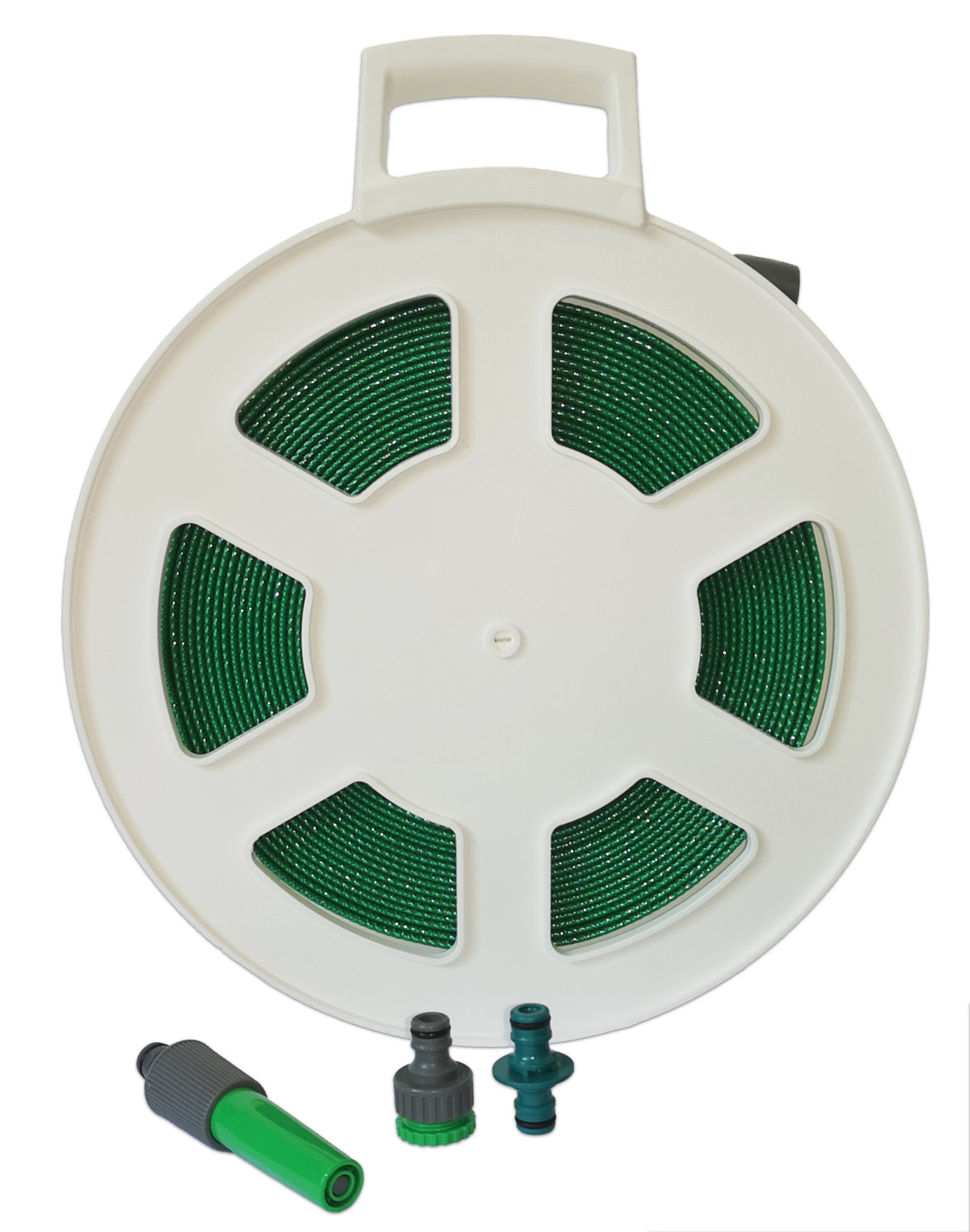 Green Layflat Hose Pipe with Quick Connect Fittings on Large White Reel