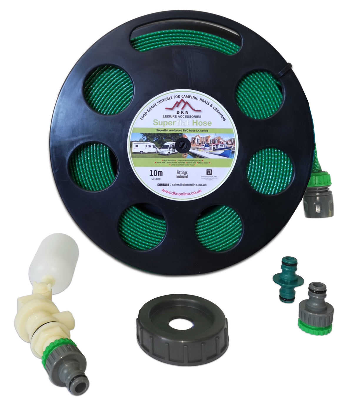 Aquaroll Mains Water Adaptor Kit with Green Layflat Hose on Small Black Reel