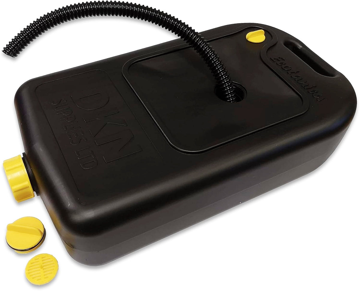 Black plastic fuel tank with yellow caps and a corrugated black hose, shown on a white background. The tank has embossed branding and text including 'DKN Supplies Ltd".
