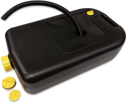 Black plastic fuel tank with yellow caps and a corrugated black hose, shown on a white background. The tank has embossed branding and text including 'DKN Supplies Ltd".