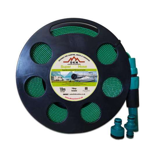 A black retractable garden hose spool with green coiled hose, shown with a teal hose connector and two small fittings on a white background. The center label shows the brand DKN.