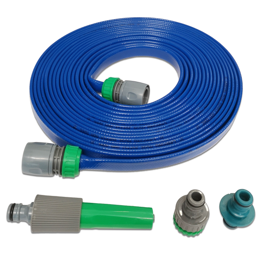A coiled blue garden hose with gray and green connectors, shown with three additional hose attachment nozzles on a plain white background.