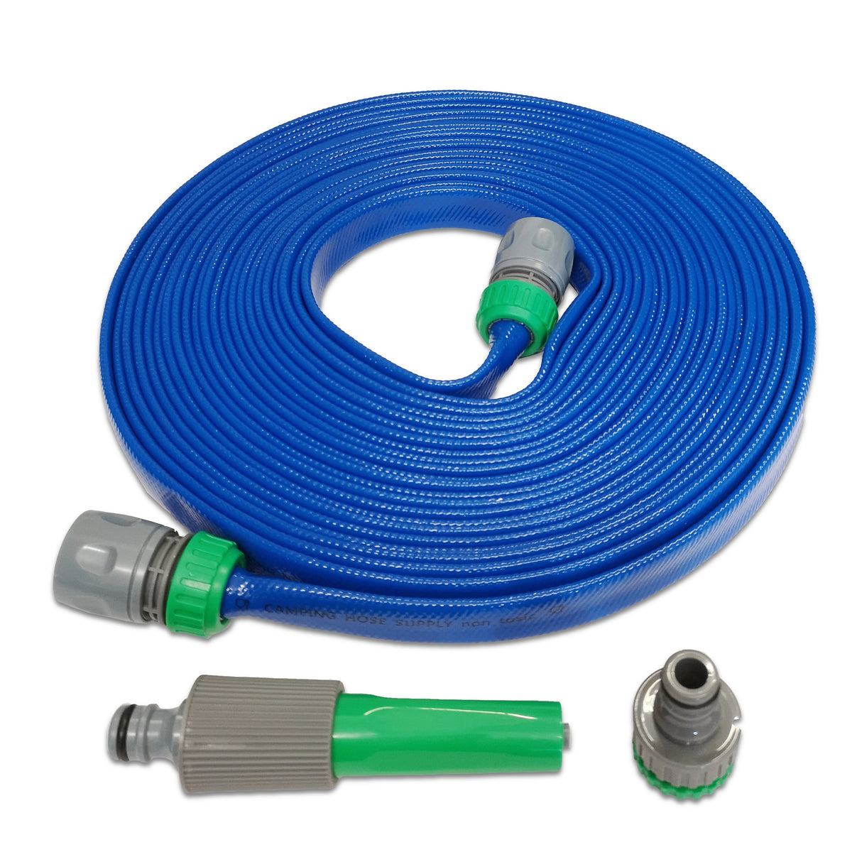 Layflat Hose Pipe with Quick Connect Fittings on Large White Reel