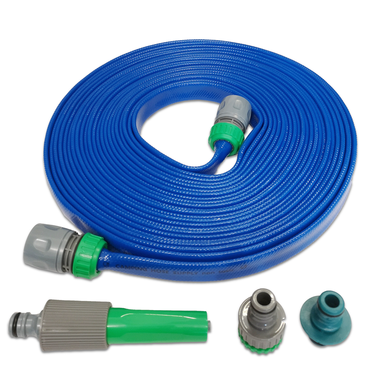 A coiled blue garden hose with gray and green connectors, shown on a white background with three additional attachment nozzles below it.
