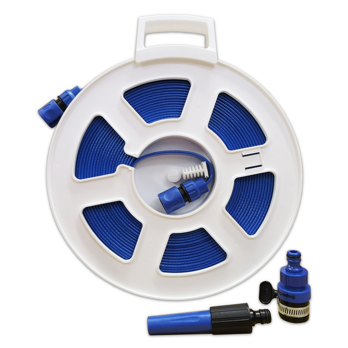 Layflat Hose Pipe with Quick Connect Fittings on Large White Reel
