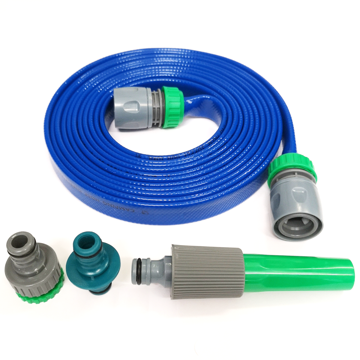 A coiled blue garden hose with gray and green connectors, shown with four interchangeable nozzle attachments on a plain white background.