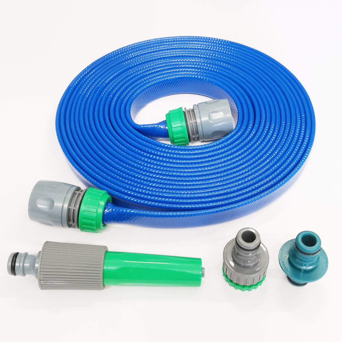 A coiled blue garden hose with metal and green connectors, shown on a white background with three smaller attachment nozzles below it.