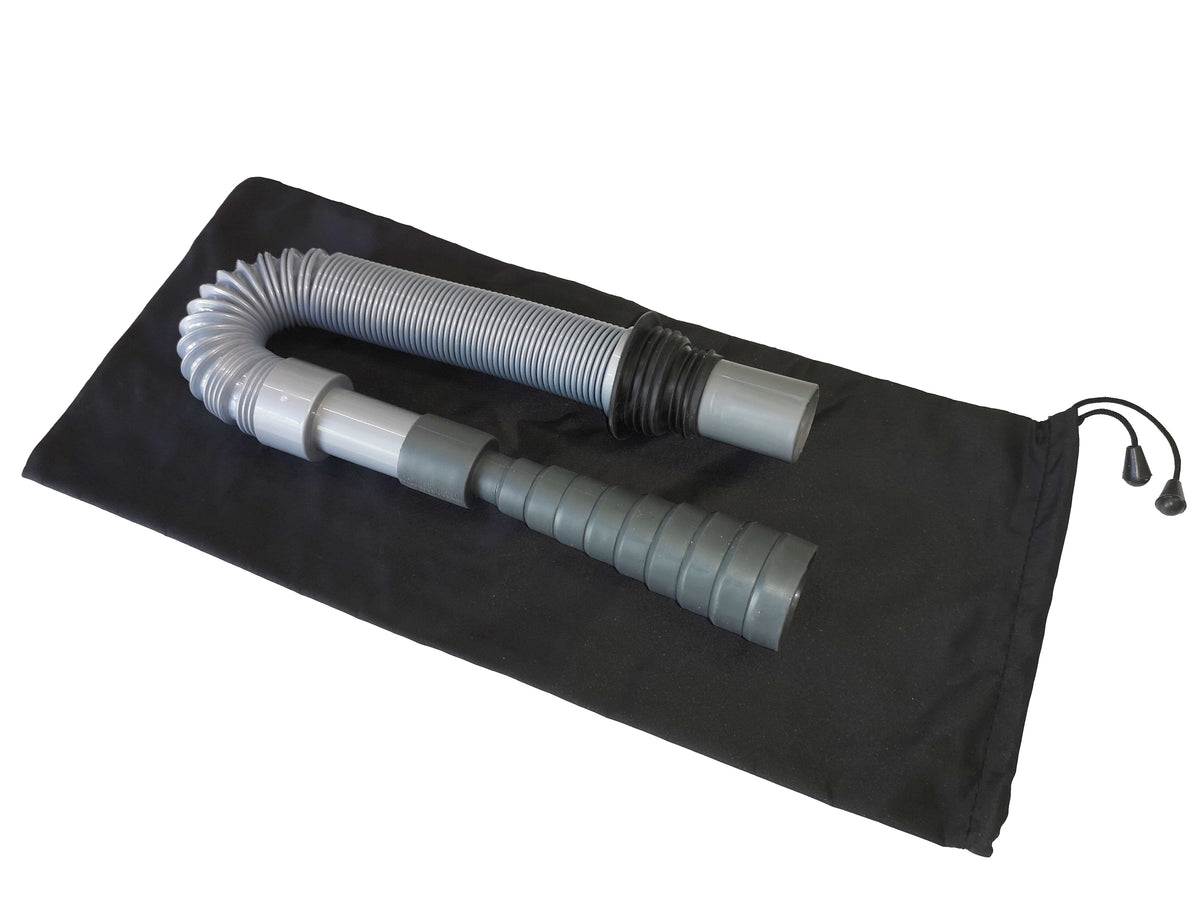 A gray flexible hose with multiple connectors and a black corrugated section, laid on top of a black drawstring storage pouch against a white background.
