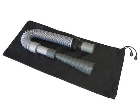 A gray flexible hose with multiple connectors and a black corrugated section, laid on top of a black drawstring storage pouch against a white background.