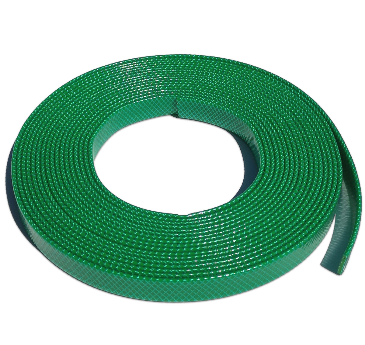 A coiled green textured strip or tape with a ribbed, woven appearance, shown on a plain white background.
