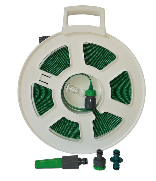 Green Layflat Hose Pipe with Quick Connect Fittings on Large White Reel