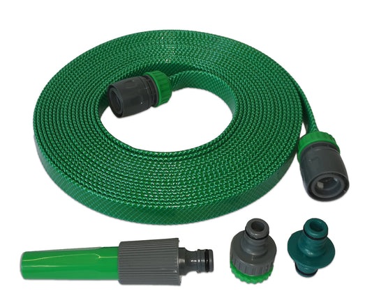 A coiled green garden hose with black and green connectors, shown on a plain white background with three nozzle attachments below it.