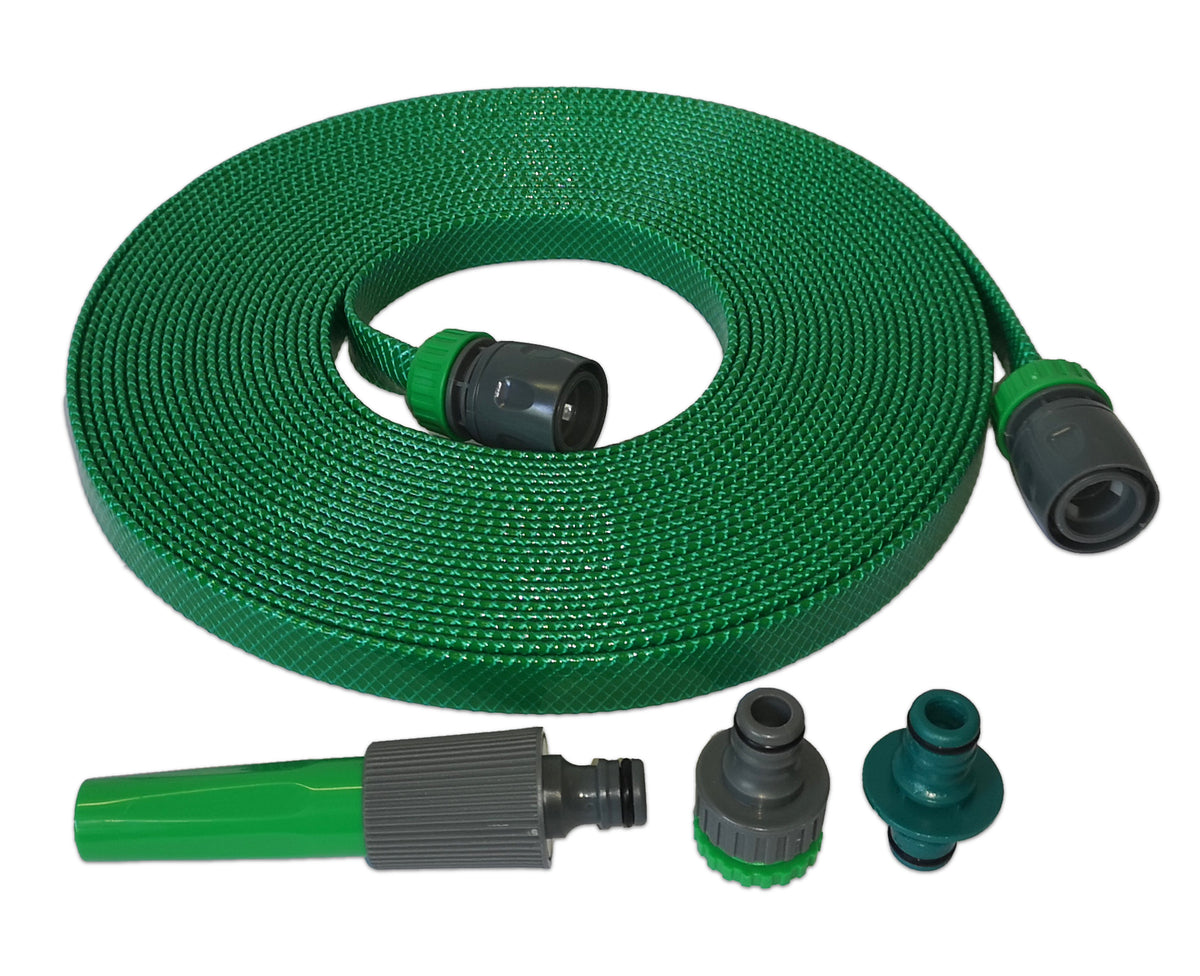 A green coiled garden hose with black and green connectors, shown with three nozzles on a plain white background.
