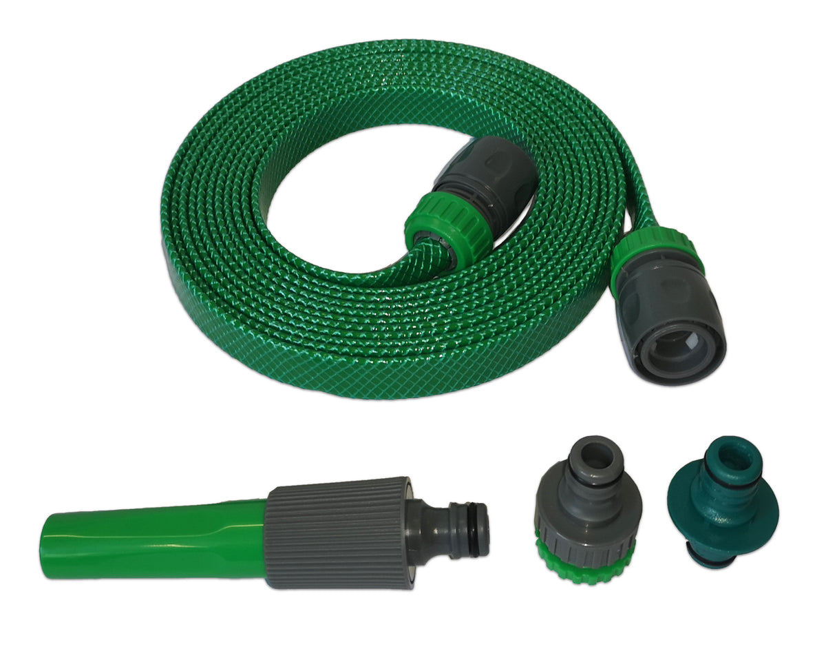 A green braided garden hose coiled on a white background, shown with three interchangeable nozzle attachments: a green spray nozzle, a green and black spray nozzle, and a green and black spray nozzle.