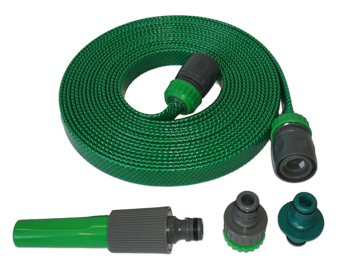 A coiled green garden hose with black and green connectors, shown on a plain white background with three additional hose attachment nozzles below it.