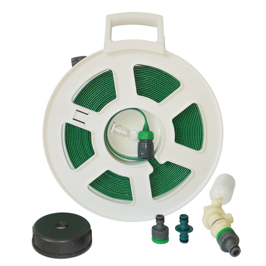 Water Hog 51L Mains Water Adaptor Kit with Green Layflat Hose on Large White Reel