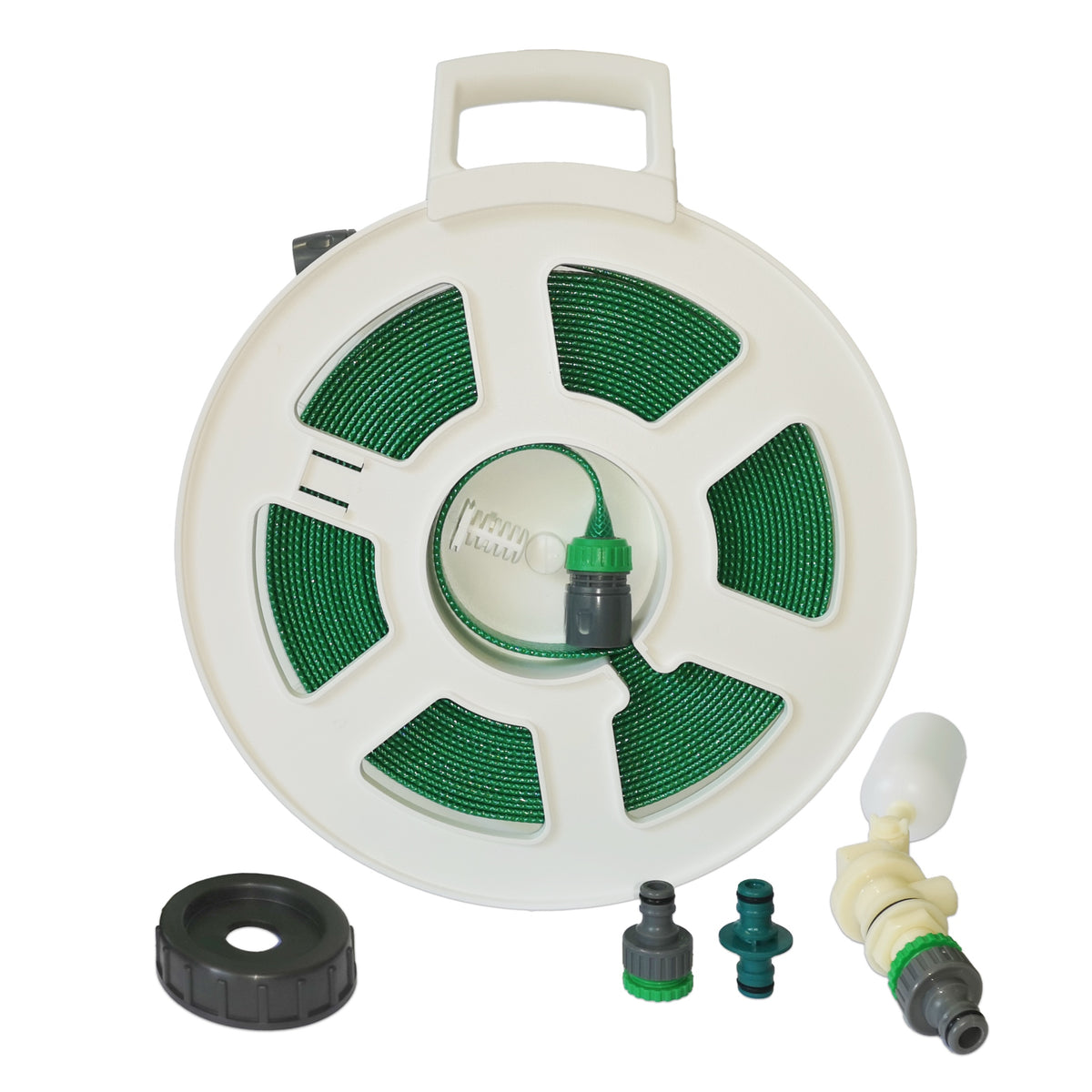 Aquaroll Mains Water Adaptor Kit with Green Layflat Hose on Large White Reel