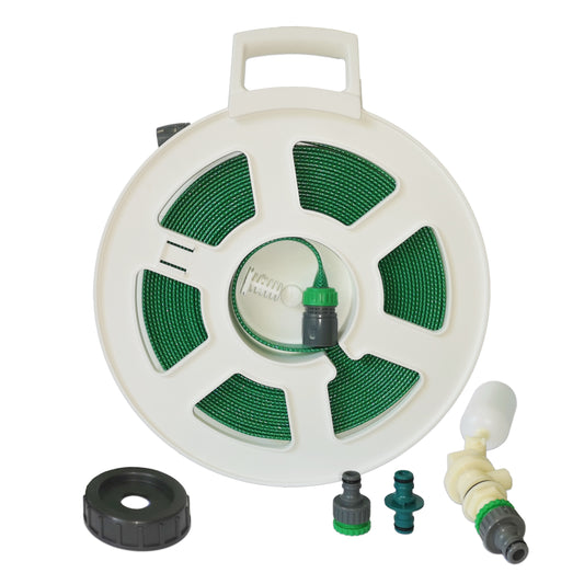 Aquaroll Mains Water Adaptor Kit with Green Layflat Hose on Large White Reel