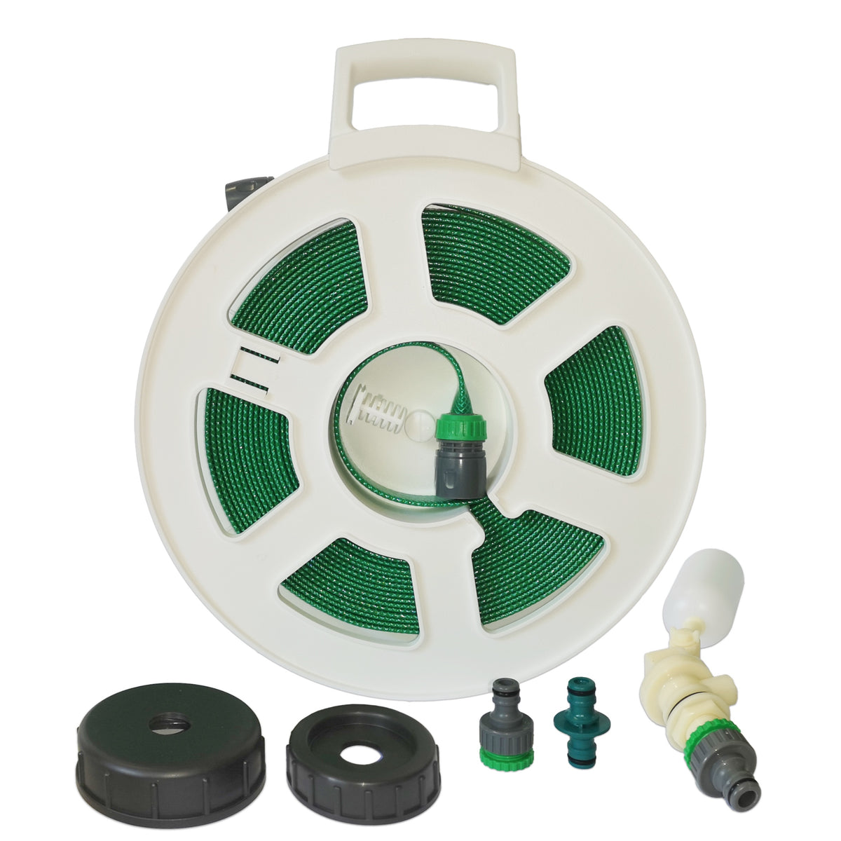 Universal Mains Water Adaptor Kit with Green Layflat Hose on Large White Reel