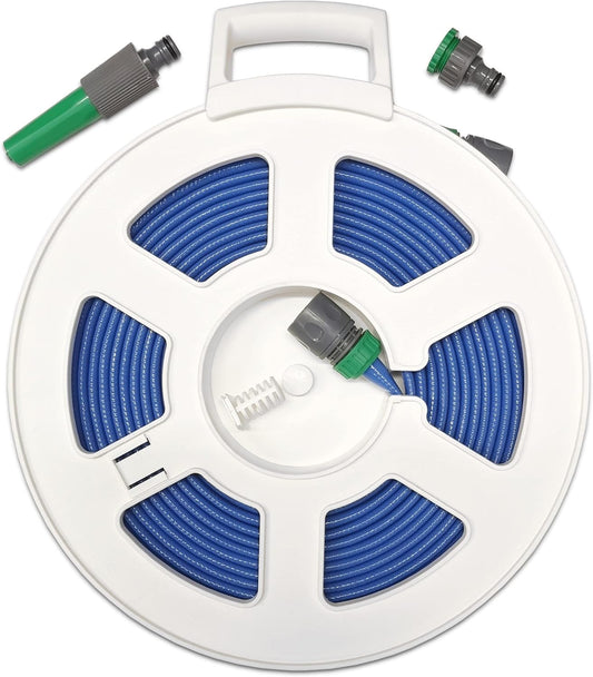 Premium Blue Layflat Garden Hose on Large White Reel with Tap Adaptor & Nozzle