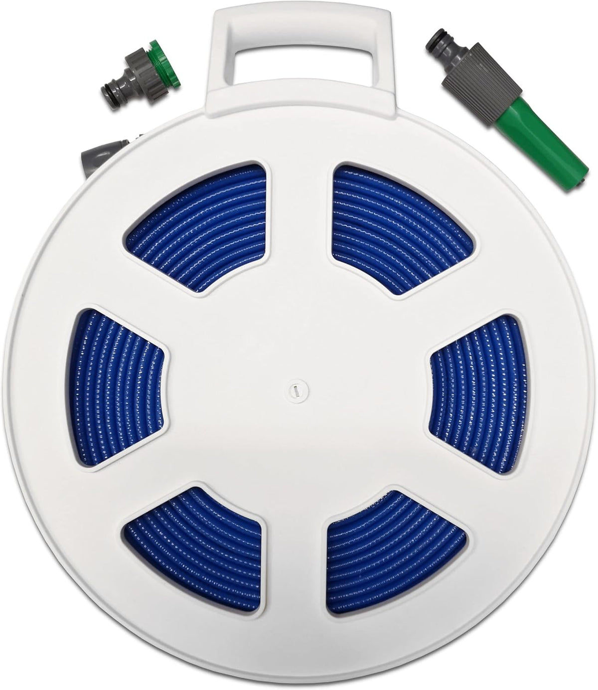Premium Blue Layflat Garden Hose on Large White Reel with Tap Adaptor & Nozzle