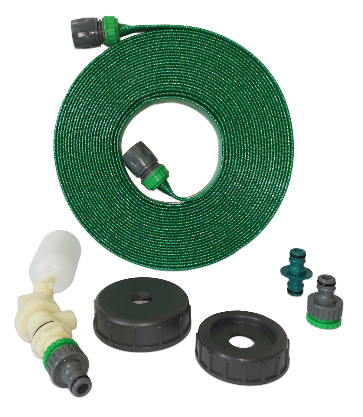 A green coiled garden hose with black and green connectors, shown with several included accessories on a plain white background: a white and green spray nozzle, two black hose caps, and two small fitting pieces.