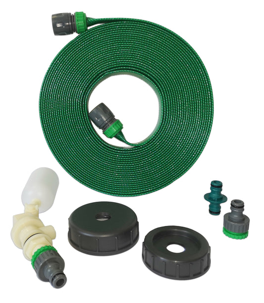 A green coiled garden hose with black and green connectors, shown with several included accessories on a plain white background: a white and green spray nozzle, two black hose caps, and two small fitting pieces.