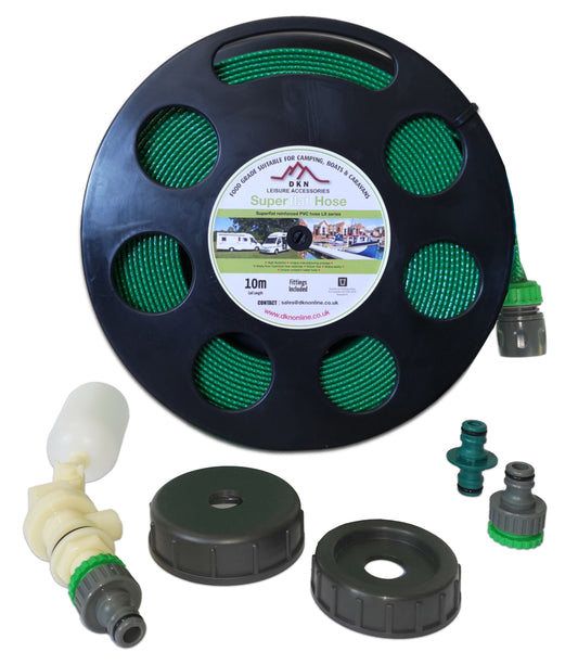 Universal Mains Water Adaptor Kit with Green Layflat Hose on Small Black Reel