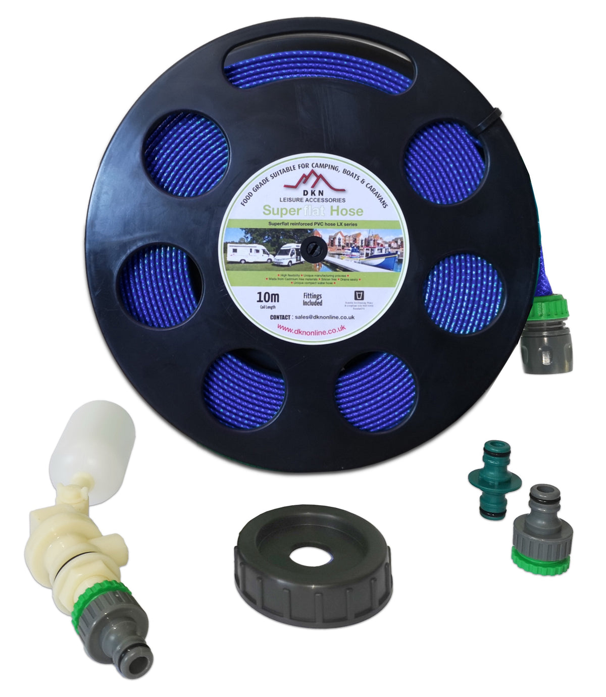 A 10-meter garden hose reel with a blue hose, shown with its included accessories: a white and green nozzle, a black cap, a green connector, and a gray connector, all on a white background.