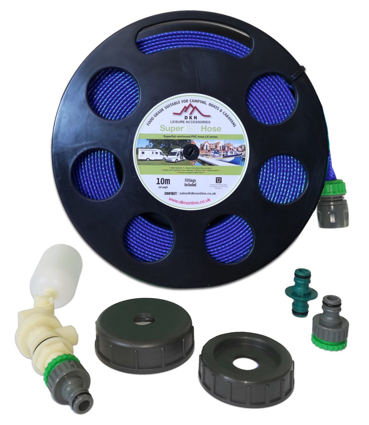 Universal Mains Water Adaptor Kit with Layflat Hose on Small Black Reel