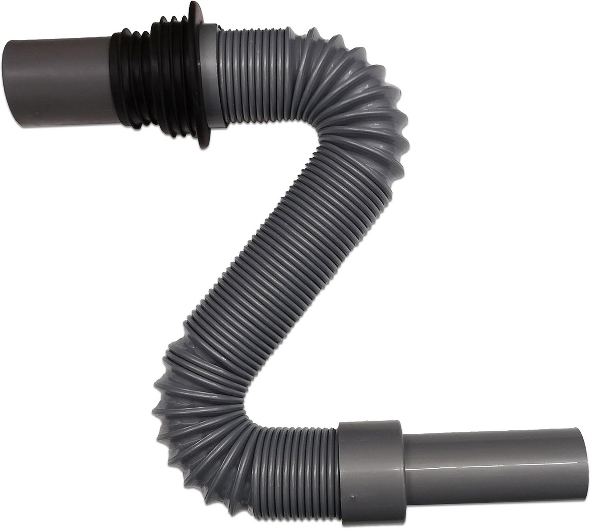 Flexible convoluted grey waste pipe shown extended and bent to demonstrate flexibility