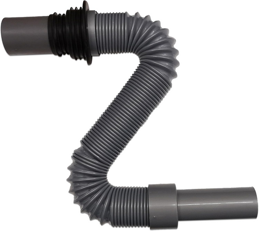 Flexible convoluted grey waste pipe shown extended and bent to demonstrate flexibility