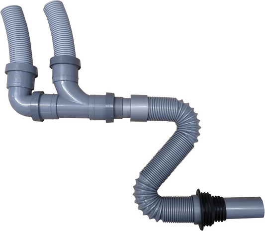 Double waste outlet adaptor with two rigid outlet pipes connecting into a single flexible convoluted pipe with rubber adaptor collar