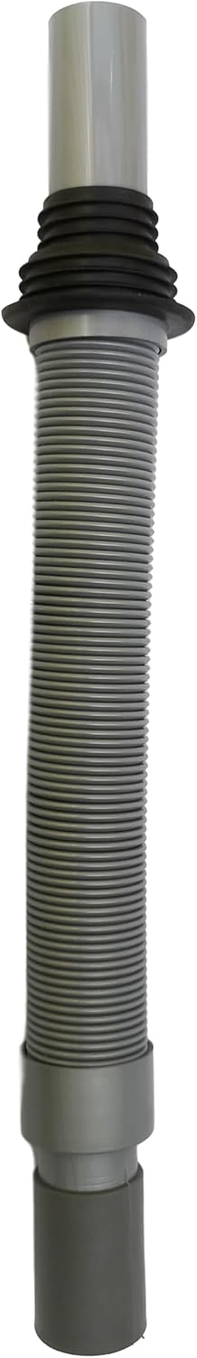 Flexible convoluted grey waste pipe shown collapsed upright