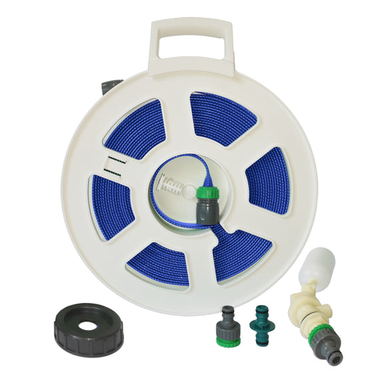 A white plastic retractable hose reel with blue coiled hose inside, shown on a white background with included accessories: a black cap, two small connectors, and a white/yellow nozzle.
