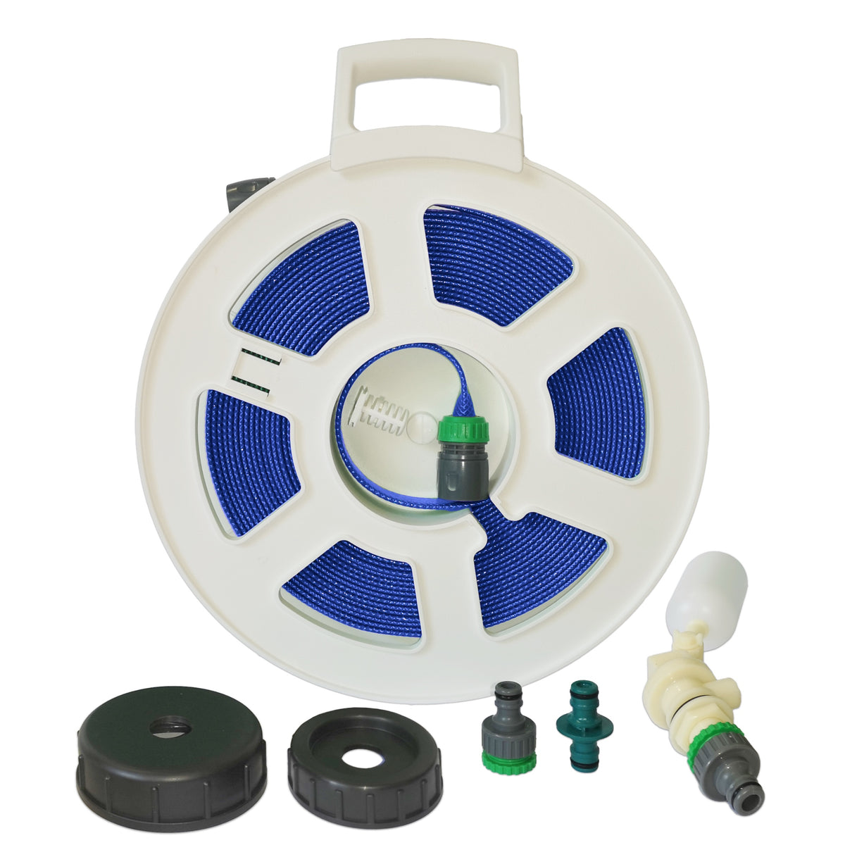 Universal Mains Water Adaptor Kit with Layflat Hose on Large White Reel